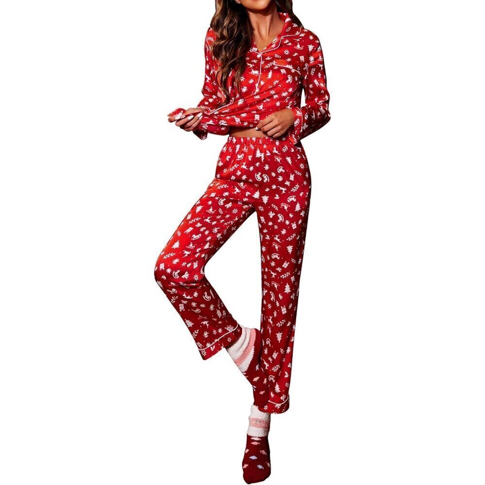 🆕Women Red Long Sleeve Sleepwear Soft Button Down 2 Piece Loungewear Silk Satin